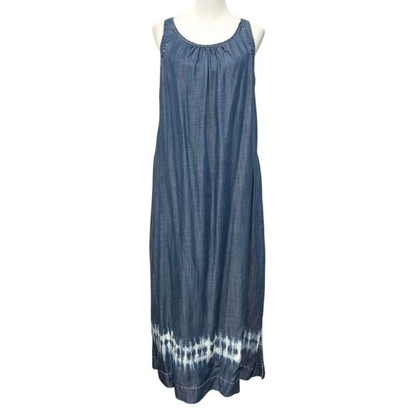 Chico's Chambray Blue Tencel Maxi Long Tank Dress Tie Dye Hem Pockets Sz M (2) - Picture 1 of 13